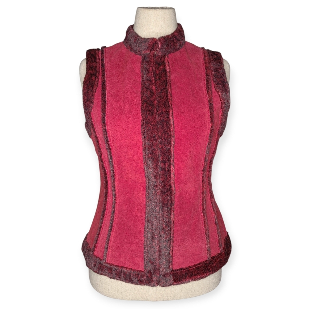 Vintage Prosper & Devine Burgundy Leather Shearling Trim Vest Womens M